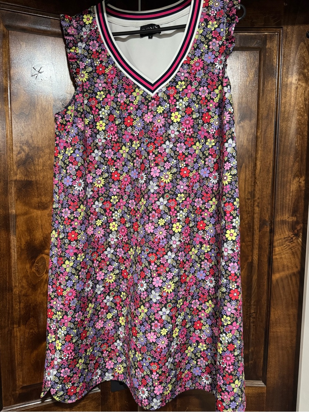 Pink Floral A-Line Dress with V-Neck Trim